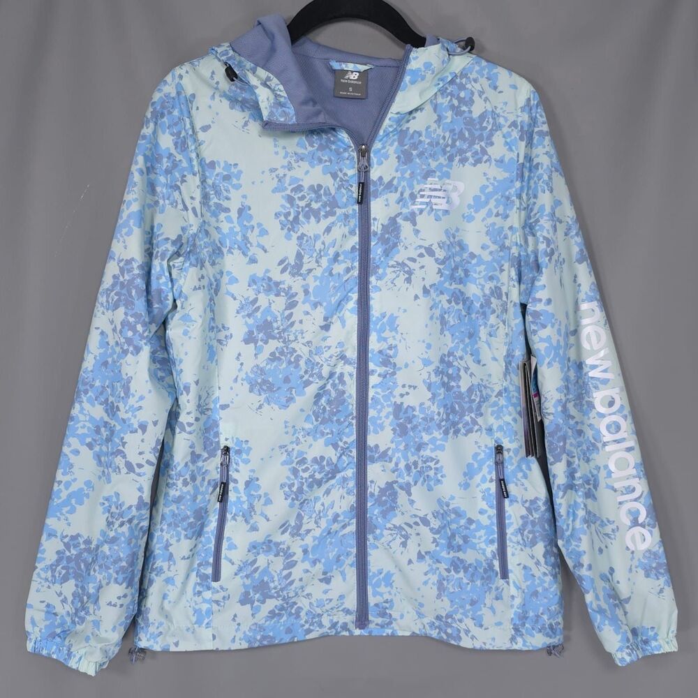 NEW BALANCE Women’s New Active Hoodie SMALL Windbreaker Floral Blue Jacket - Picture 3 of 13